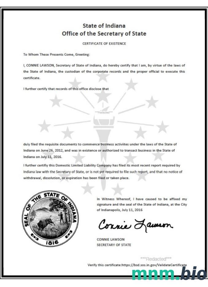 USA Indiana vcertyfikat of good standing